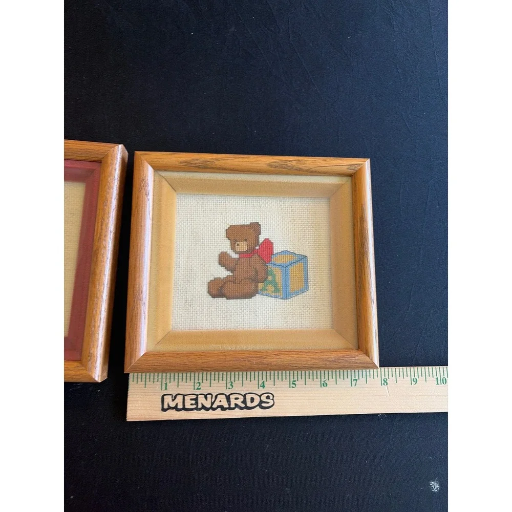 Vintage Teddy Bear Cross Stitch Framed Art Set 2 Nursery Decor Oak Frames 7.5